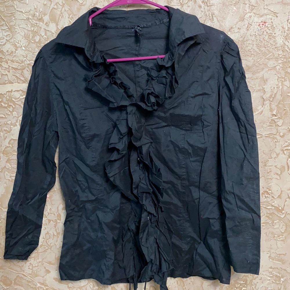 Lapis blouse 100% cotton ruffle button up black  SZ L